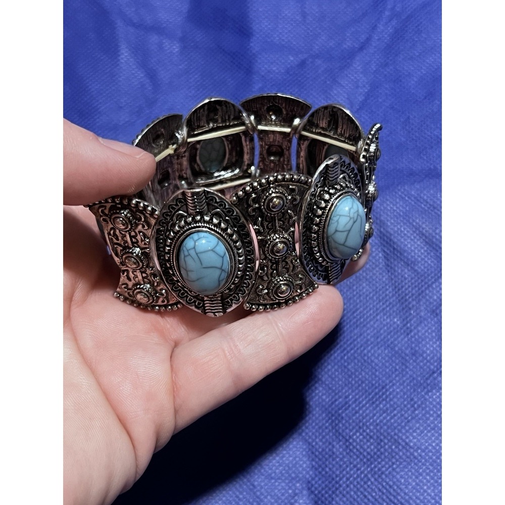 Simulated Turquoise Stretch Bracelet Boho Bohemian Western Silver Tone